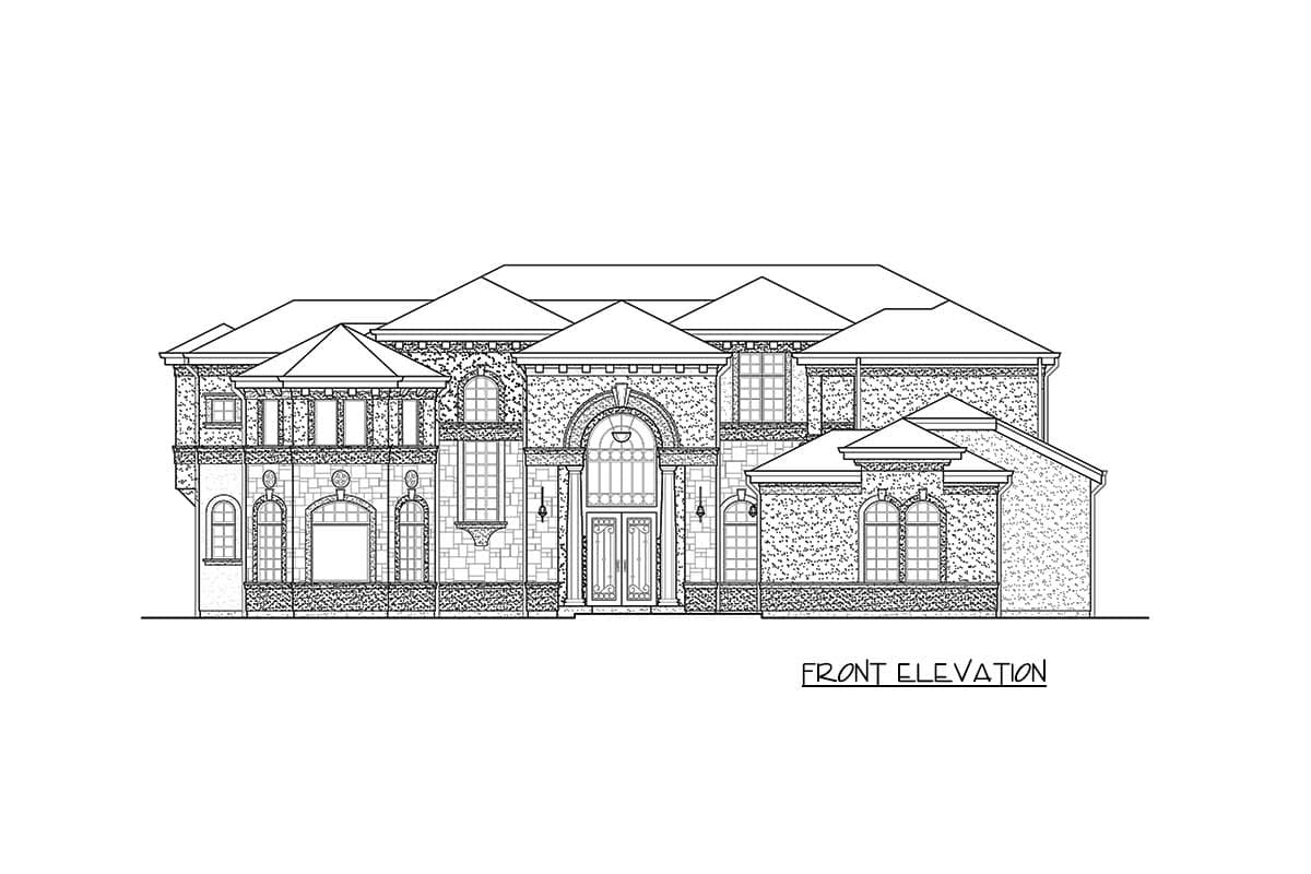 Front elevation drawing of a large, multi-story house with a prominent arched entryway, varied rooflines, and detailed stone facade.