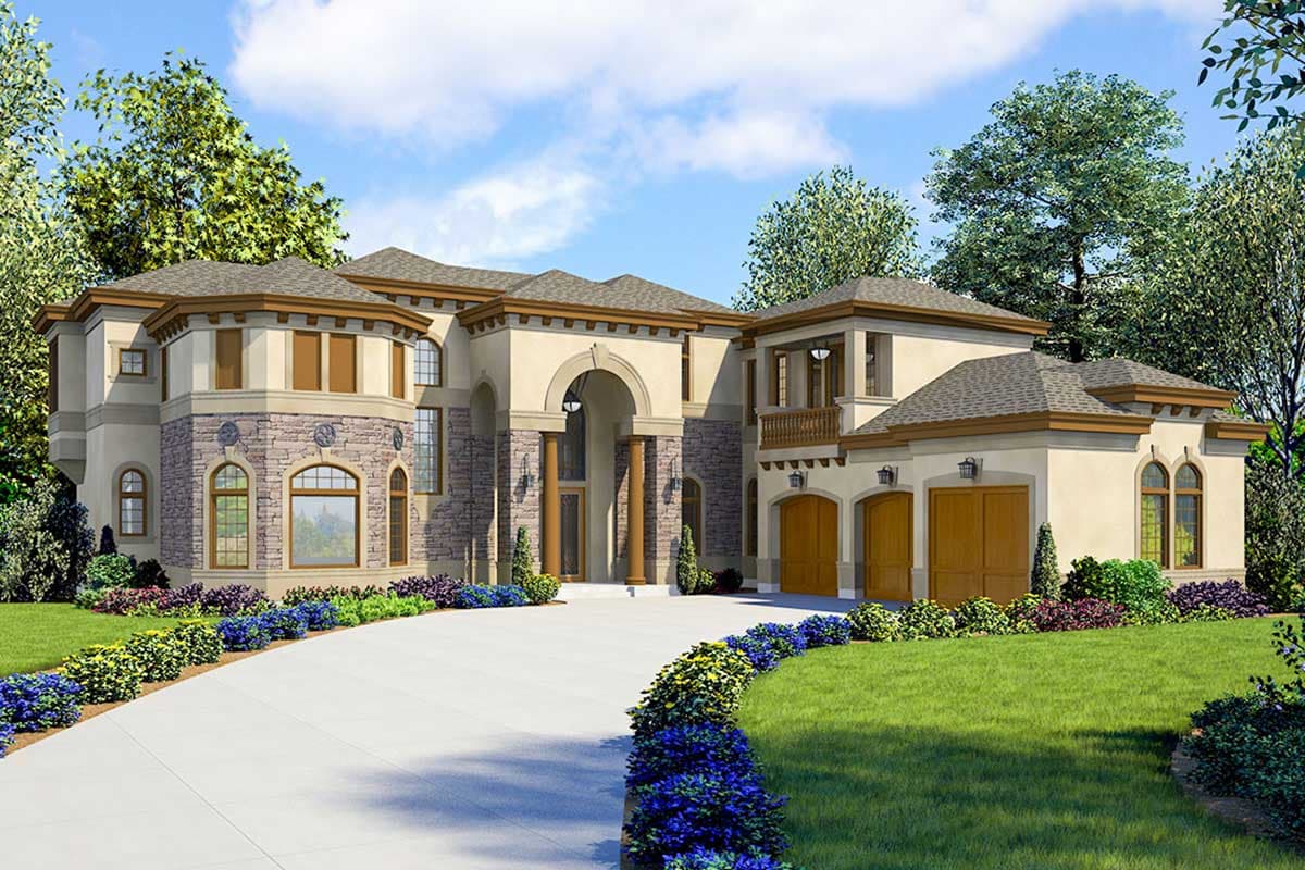 House plan exterior. Two-story Mediterranean-style home with arched entry, stone accents, and a three-car garage with gabled roof.