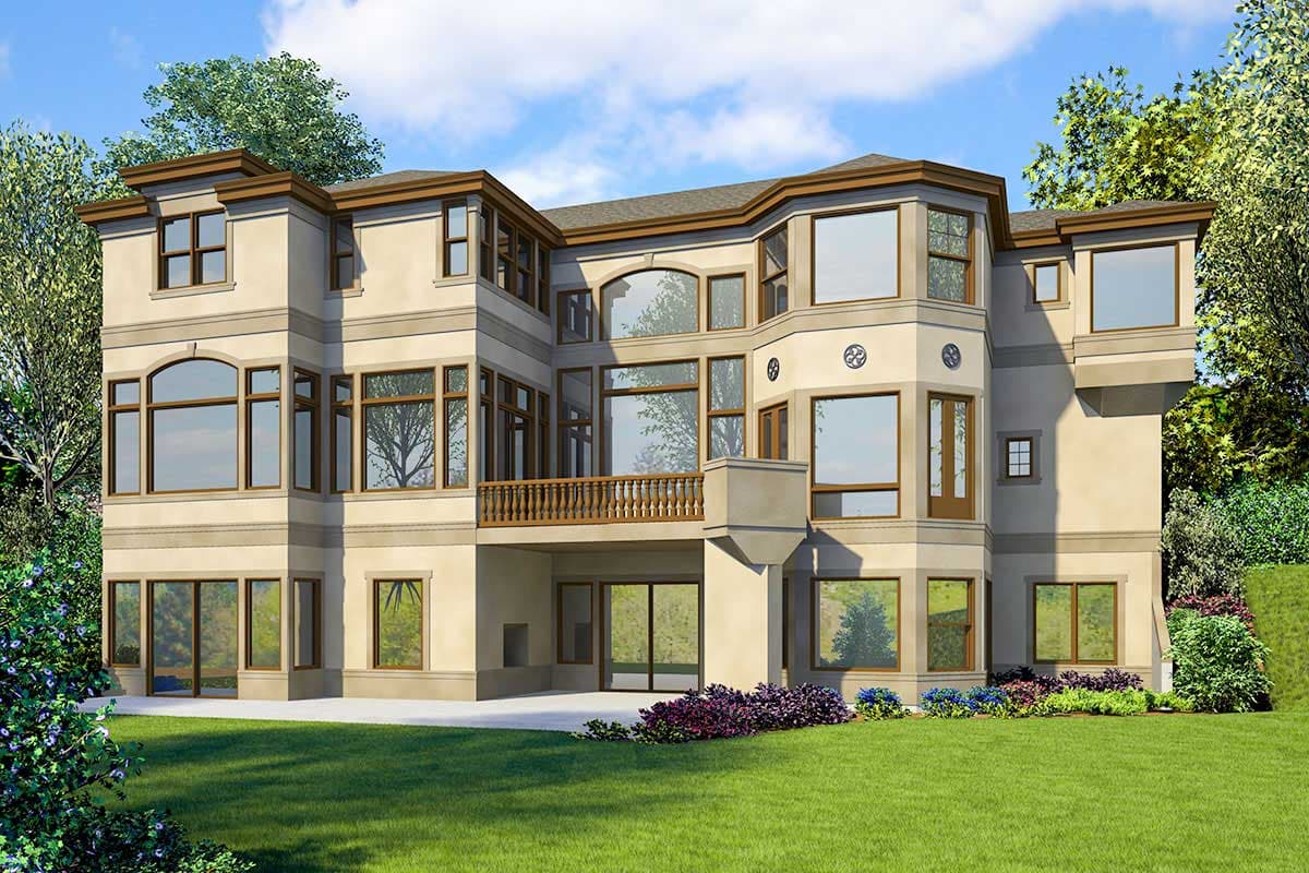 House plan exterior shows a three-story home with bay windows, a balcony, arched windows, and a multi-faceted roofline.