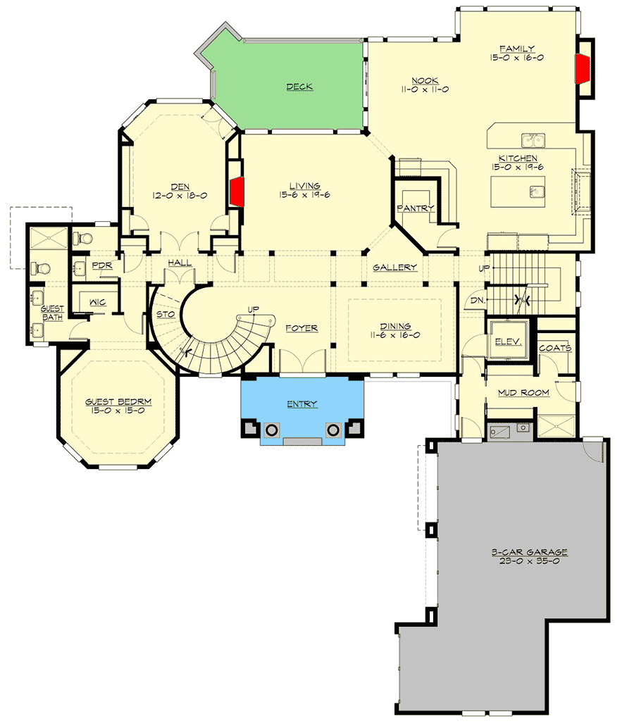 Plan 23781JD: Striking 5-Bed Luxury House Plan with Spa and Media Room - Floor Plan - Main Level - European, French Country, Traditional
