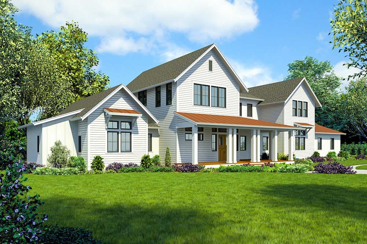 Modern Farmhouse house plan exterior with a prominent front porch, gables, and white lap siding.
