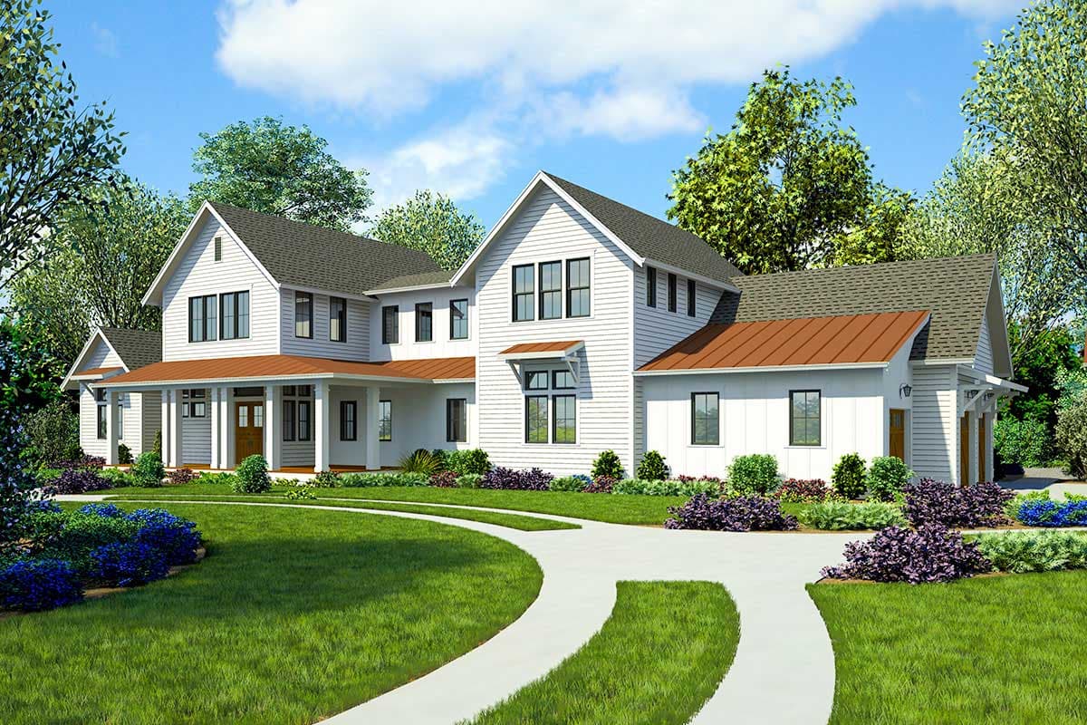 House plan exterior. Two-story Modern Farmhouse with gables, a covered porch, and a detached garage with a copper-colored metal roof.