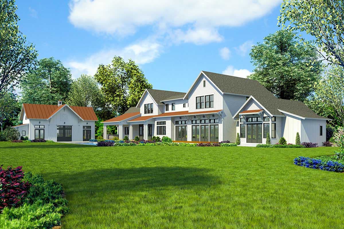 House plan exterior rendering: Modern Farmhouse style with gables, white siding, dark-framed windows, covered porch, and detached garage.