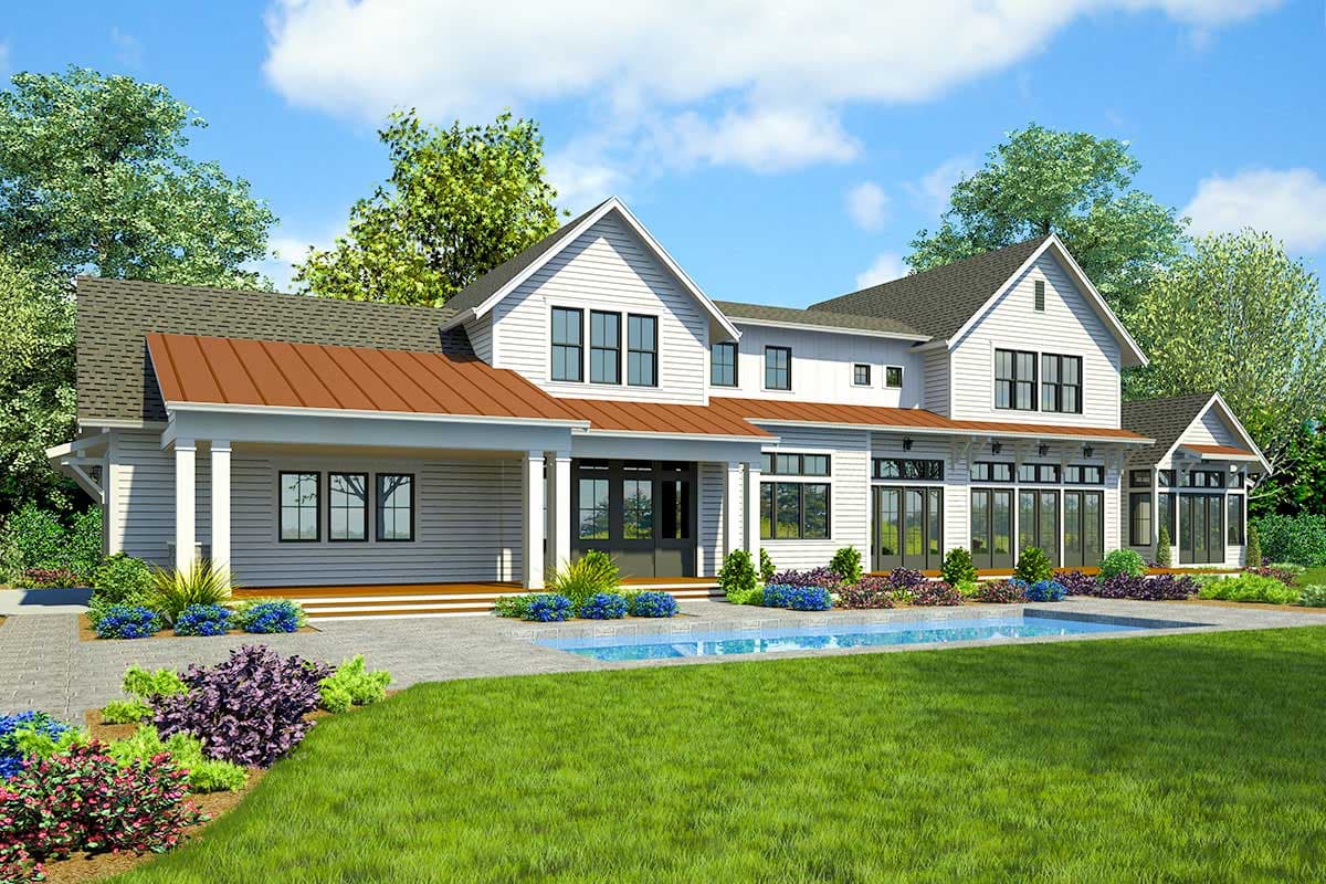 House plan exterior: Modern Farmhouse style, two stories, featuring a covered porch, gables, and large windows.