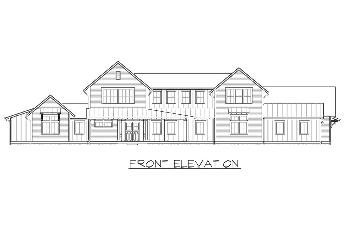 Front elevation drawing of a two-story Modern Farmhouse with gables, a covered porch, and board-and-batten siding.