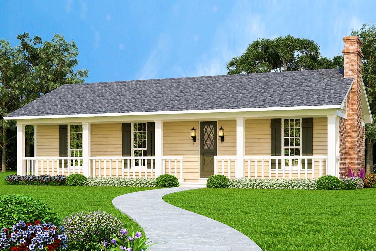House plan exterior. Ranch-style home with a porch featuring white columns and railing. Includes a brick chimney and dark window shutters.