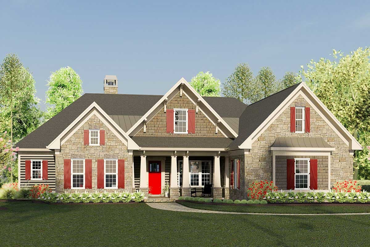 House plan exterior with stone siding, multiple gables, front porch with columns, and a steeply pitched roof.