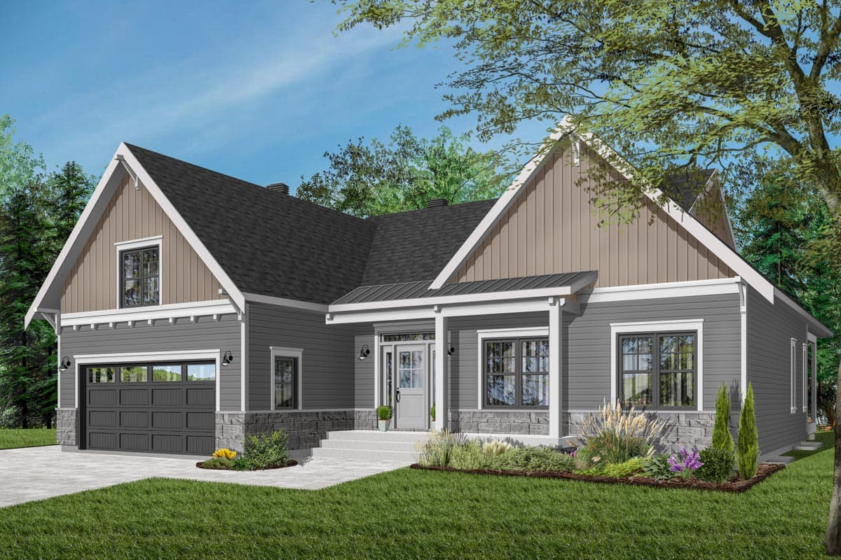 House plan exterior. Craftsman style with two stories, gabled roof, covered porch, and attached garage. Exterior features stone accents.