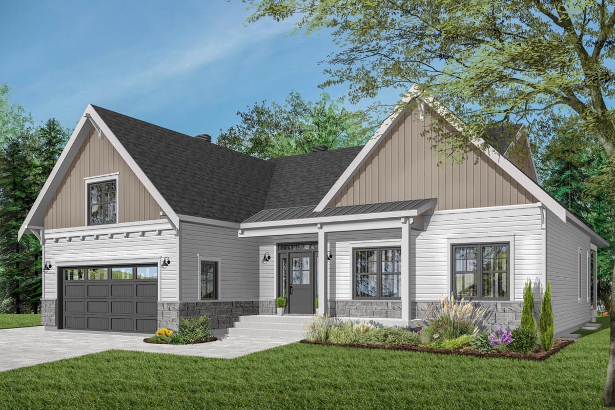 House plan exterior: Modern Farmhouse style, one story, with gabled dormers, covered front porch, and attached garage.