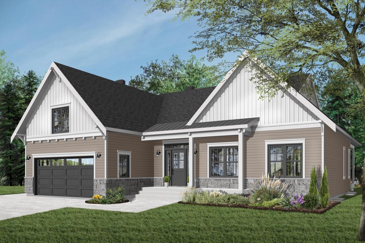 Modern Farmhouse house plan exterior, one story, featuring a covered entry porch, gabled dormers, and side-entry garage.