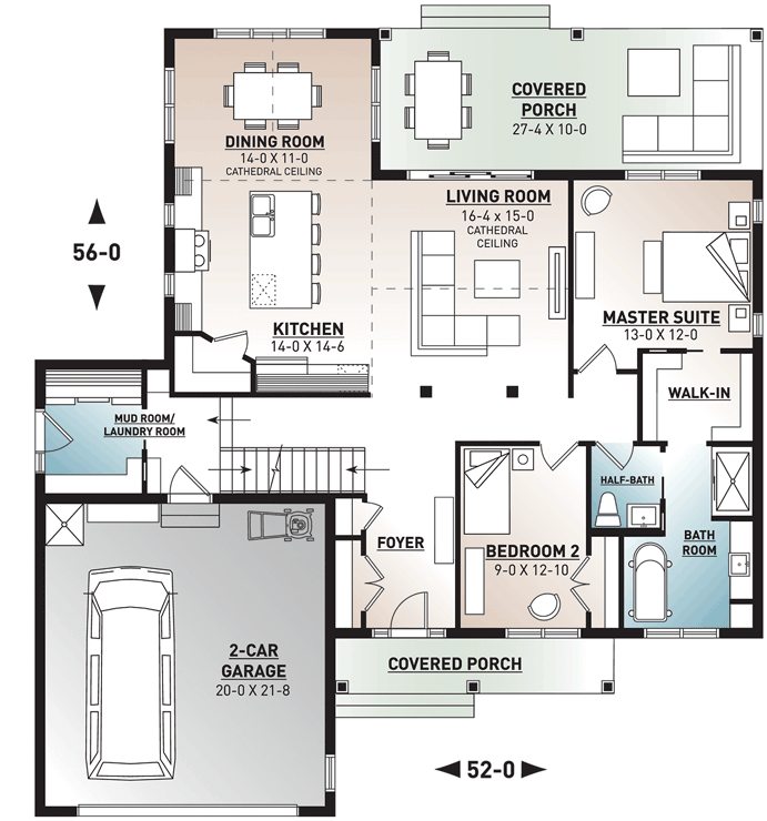 Plan 22536DR: 2-Bed Northwest Traditional Home Plan with Bonus Room - 1556 Sq Ft - Floor Plan - Main Level - Craftsman, New American, Northwest, Traditional