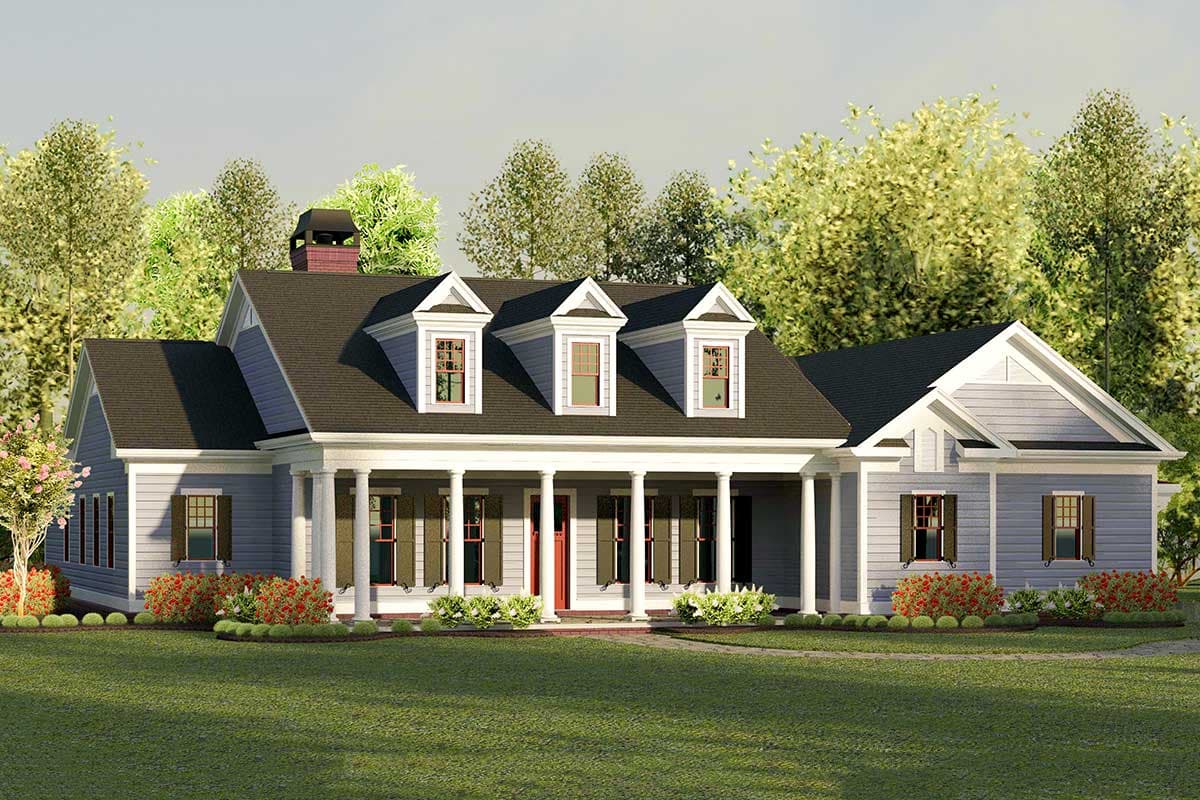 House plan exterior with columns, dormers, and a prominent front porch. Features a low-pitched roof and a central chimney.