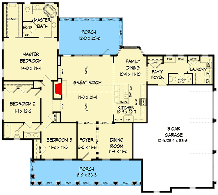 Plan 360022DK: Lovely 3-Bed Country Home Plan with 3-Car Garage - Floor Plan - Main Level - Country, New American, Traditional