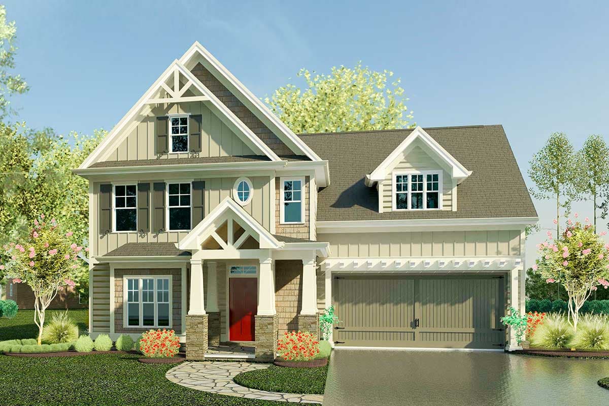 House plan exterior. Two-story Craftsman home with gabled roof, dormer, and front porch. Attached two-car garage with pergola detail.