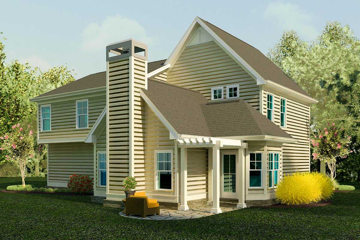House plan exterior: Two-story home with horizontal siding, prominent chimney, and covered entry with columns.