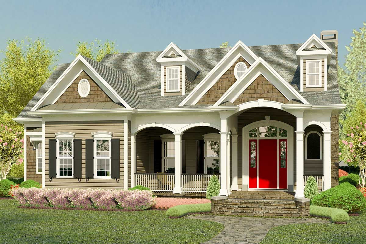 House plan exterior. Craftsman style, one-story. Features include a porch with columns, gabled roof, dormers, and shake siding.