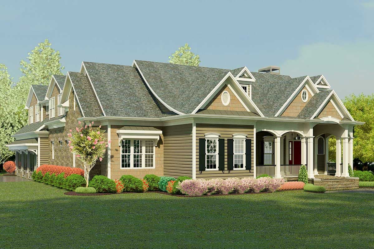 House plan exterior: Two-story home with stone accents, multiple gables, arched entryway, and covered front porch supported by columns.