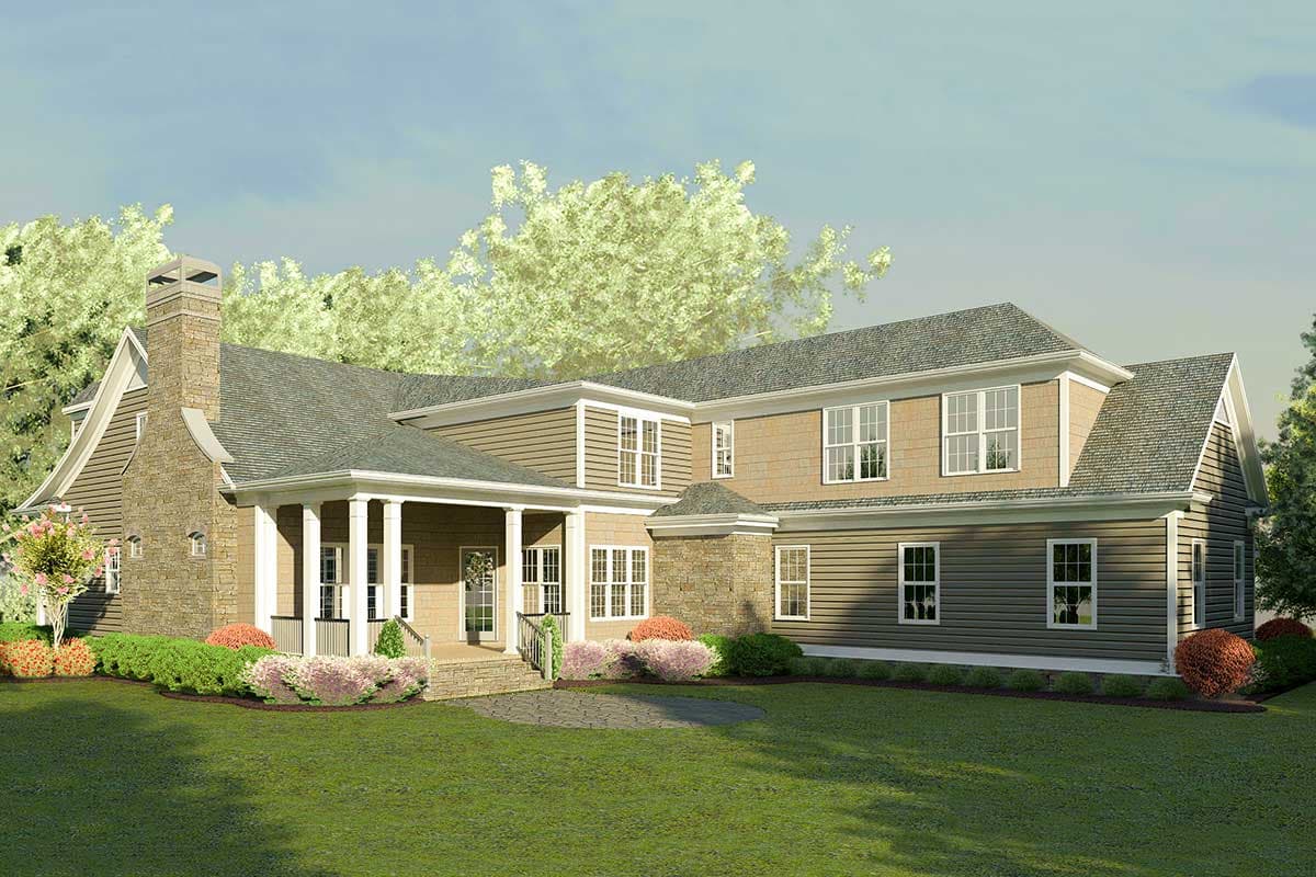 House plan exterior: two-story dwelling with stone chimney, covered porch, multiple gables, and horizontal siding.