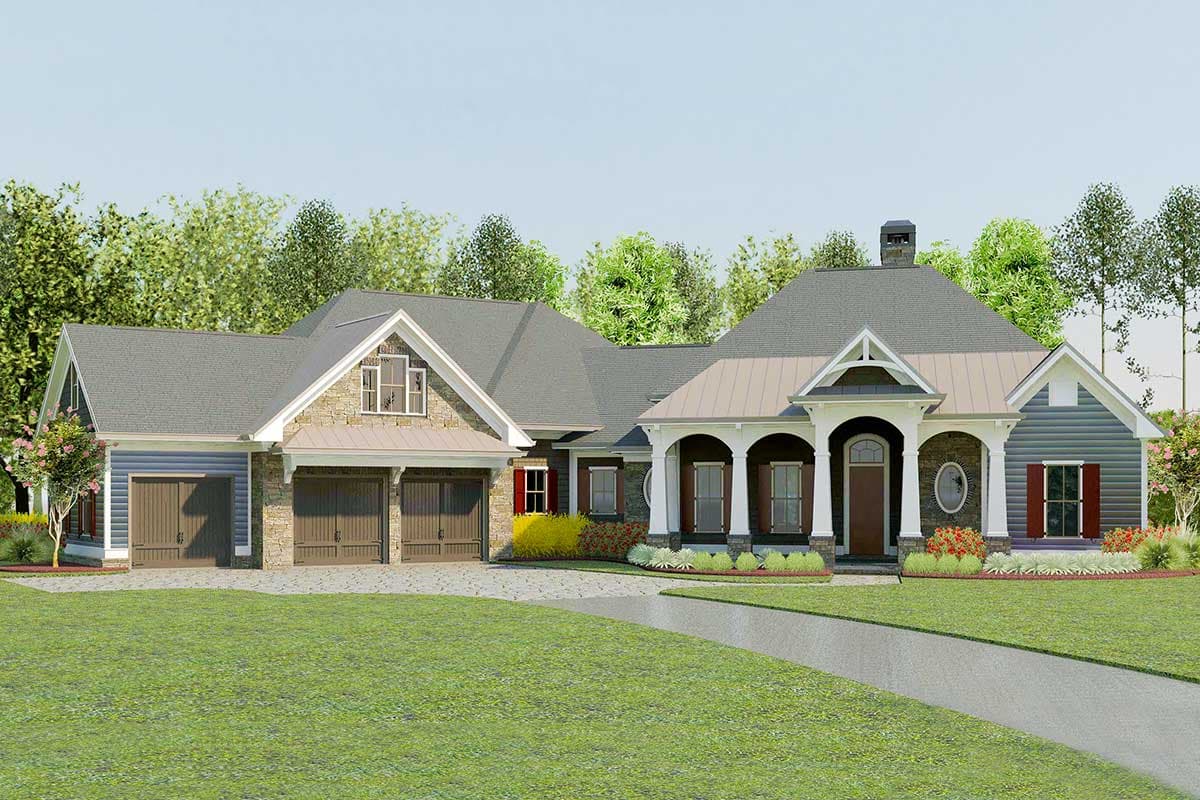 House plan exterior. Ranch-style home with multiple gables, a covered porch with columns, and a three-car garage.