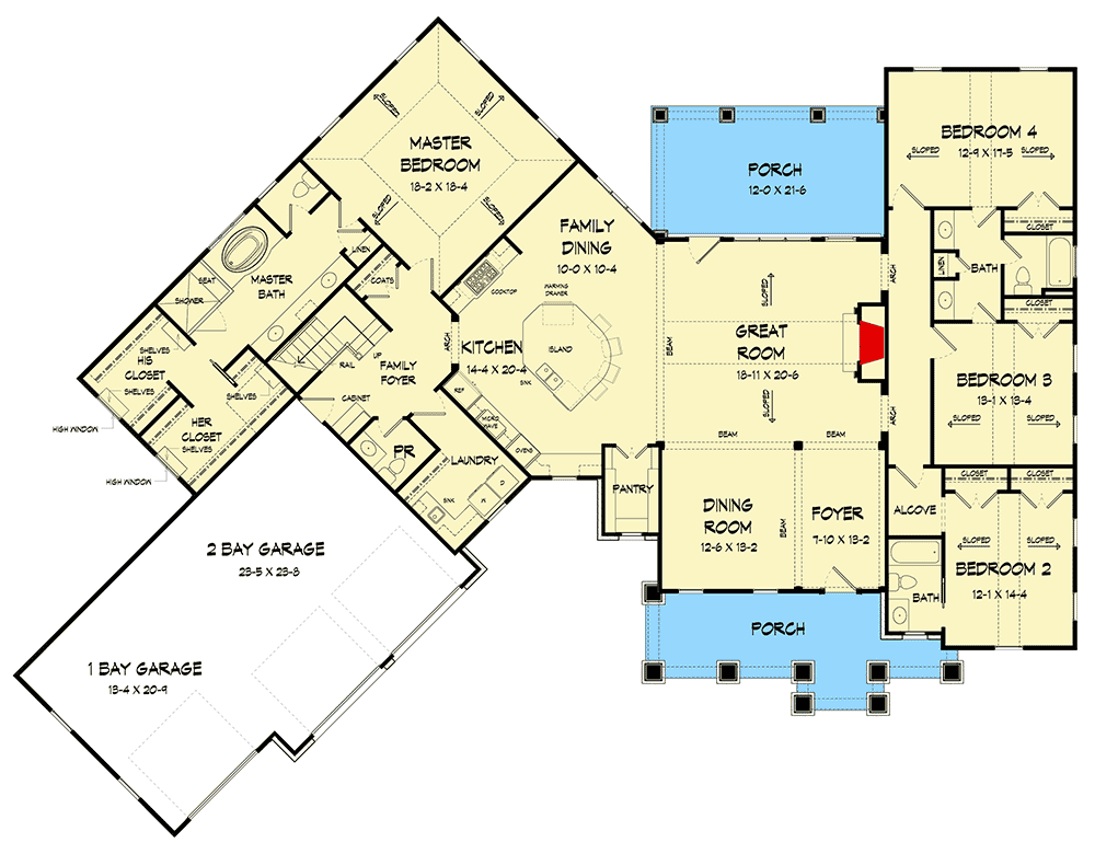 Plan 360025DK: 4-Bed Craftsman Home Plan with Upstairs Expansion - Floor Plan - Main Level - Craftsman, New American, Traditional