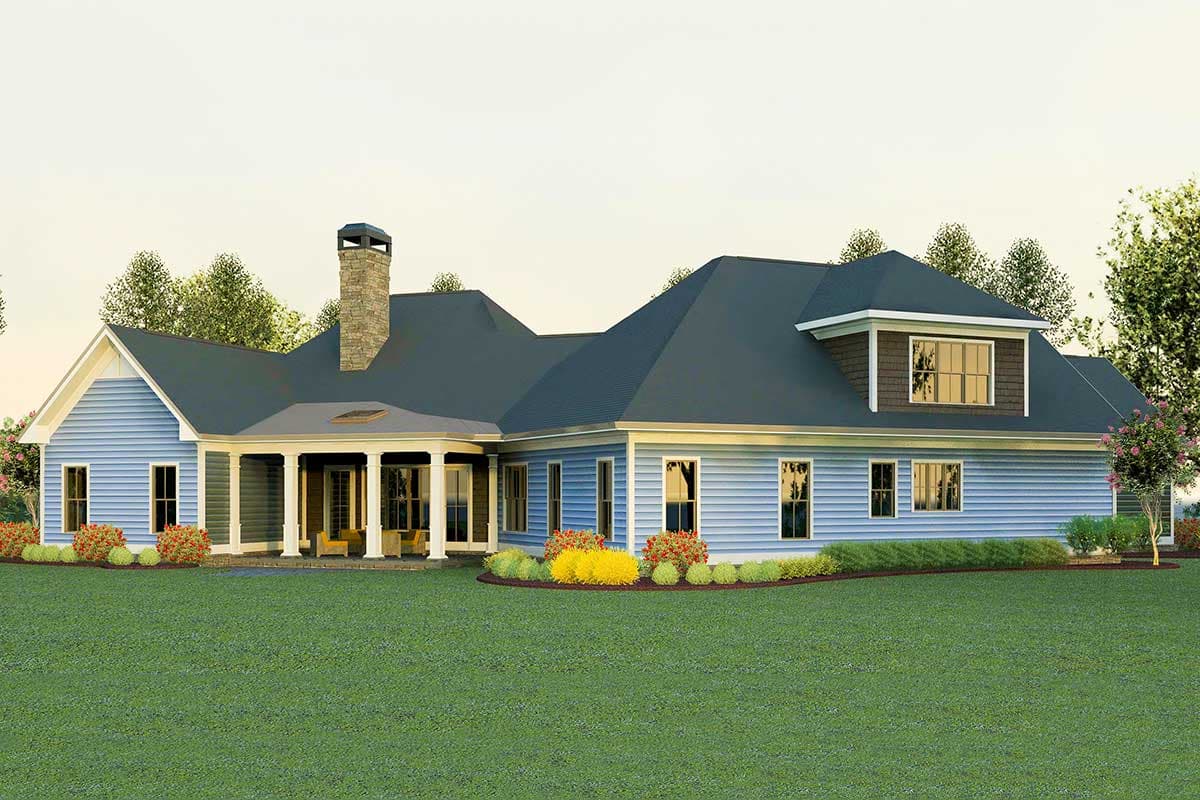 House plan exterior: Single-story blue siding home with stone chimney, covered porch with columns, and dormer window.