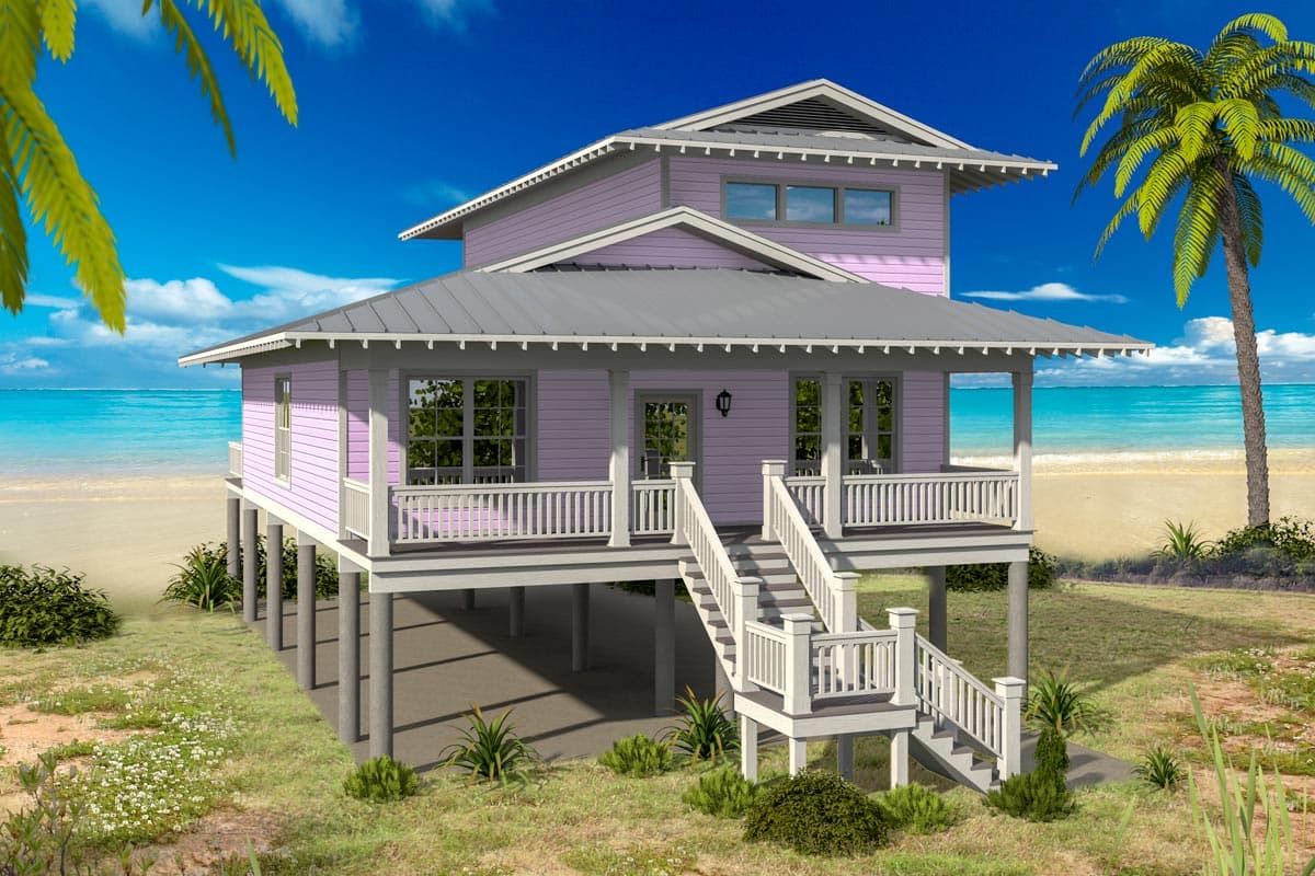 House plan exterior: Two-story coastal-style home on pilings, with a wraparound porch, gabled roof, and stairs to the entry.