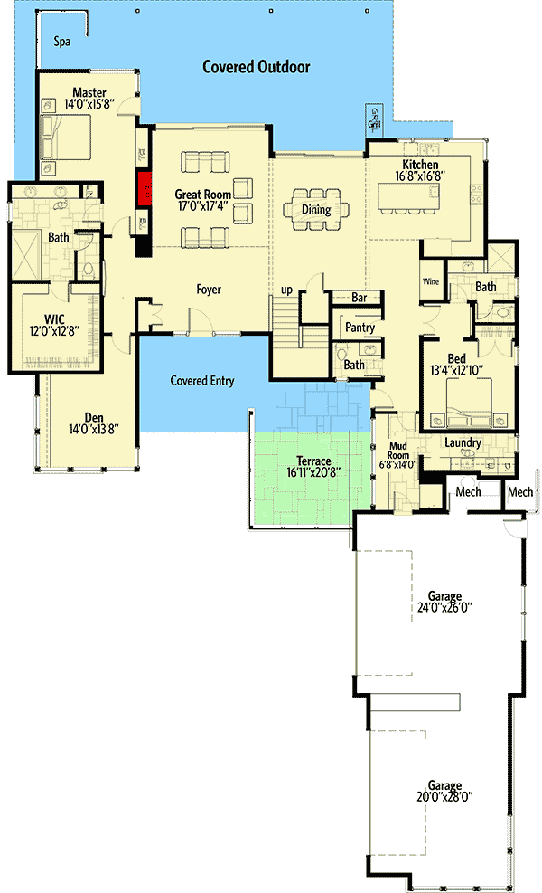 Plan 54237HU: Stunning 4-Bed Contemporary House Plan with Views from Each Room - Floor Plan - Main Level - Contemporary, Mid Century Modern, Modern, Prairie