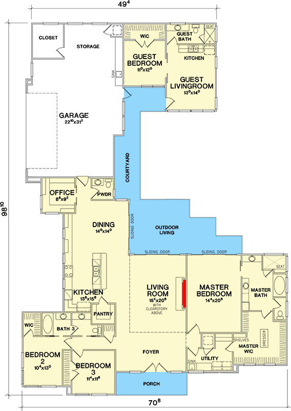 Plan 31195D: Mid-Century Modern House Plan Under 3100 Sq Ft with Private In-Law Suite - Floor Plan - Main Level - Contemporary, Mid Century Modern, Modern