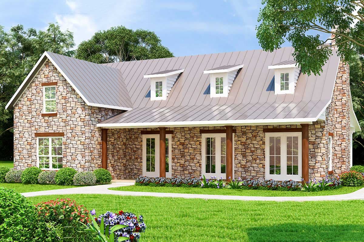 House plan exterior with stone veneer, metal roof, and three dormers. Features include a front porch with wood columns and a stacked stone chimney.