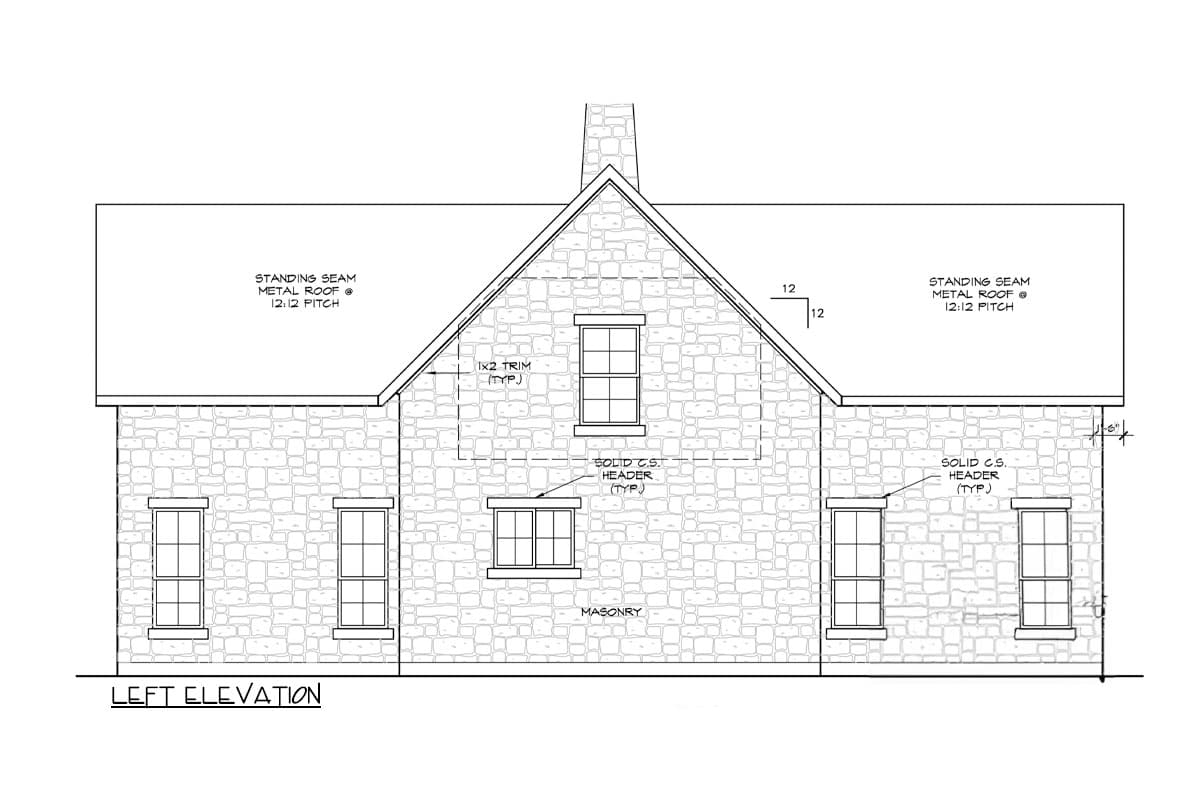 Left elevation house plan with stone masonry, standing seam metal roof, and multiple windows.