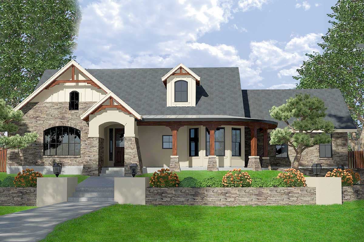 House plan exterior. Craftsman style with a stone facade, gabled roof, arched window, and covered porch with exposed timber columns.