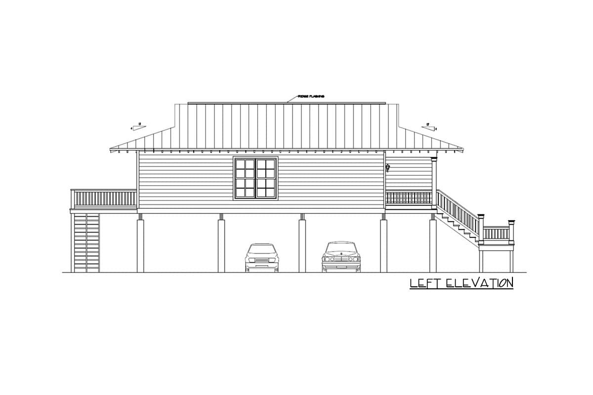 Left elevation house plan showing a stilted house with siding, metal roof, porch, and staircase.