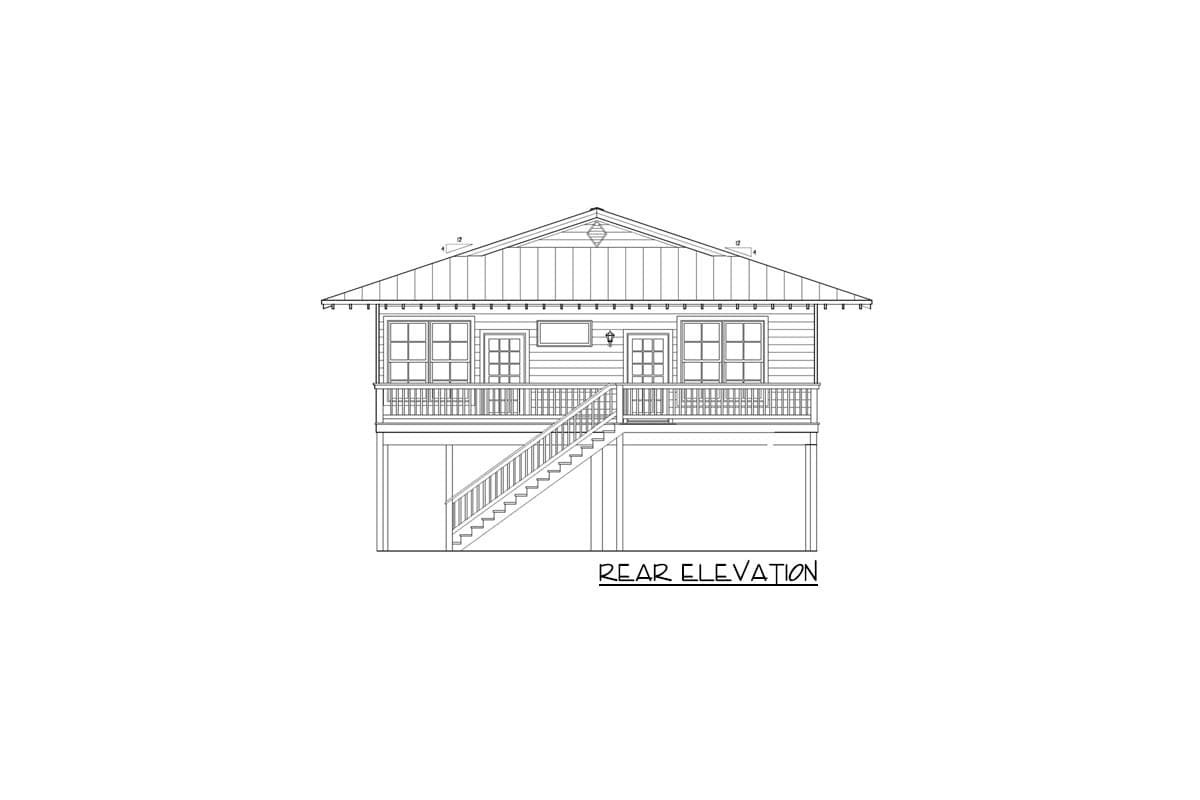 Rear elevation drawing of a one-story house plan with a gable roof, porch, and central stairs.