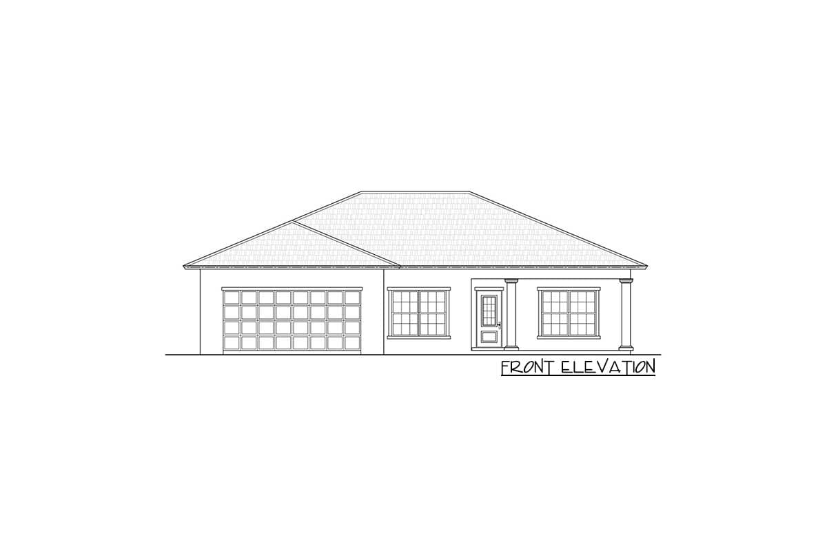 Front elevation drawing of a single-story house plan with a wide garage door, entry porch with columns, and multi-pane windows.