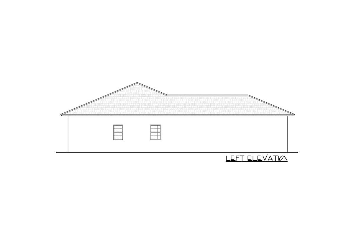 Left elevation of a house plan, showing a single story with a pitched roof and two windows.