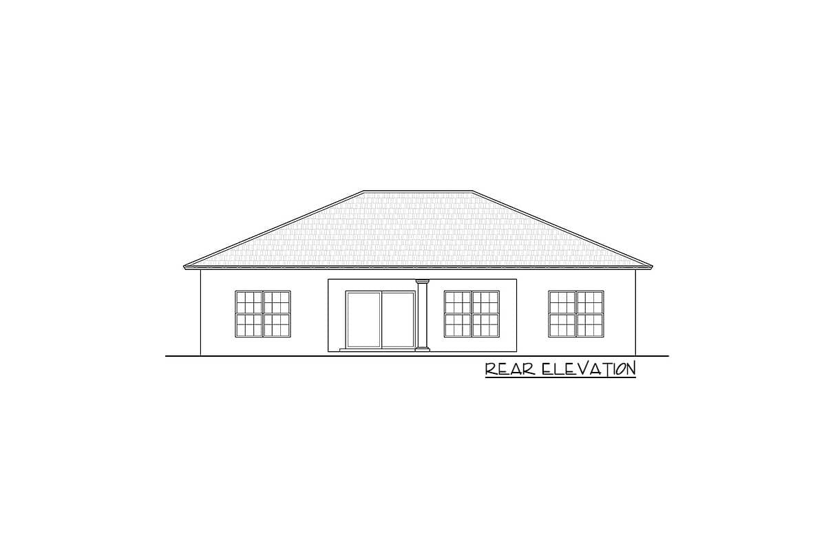 Rear elevation drawing of a single-story house with a prominent gabled roof, three multi-pane windows, and a central sliding glass door.