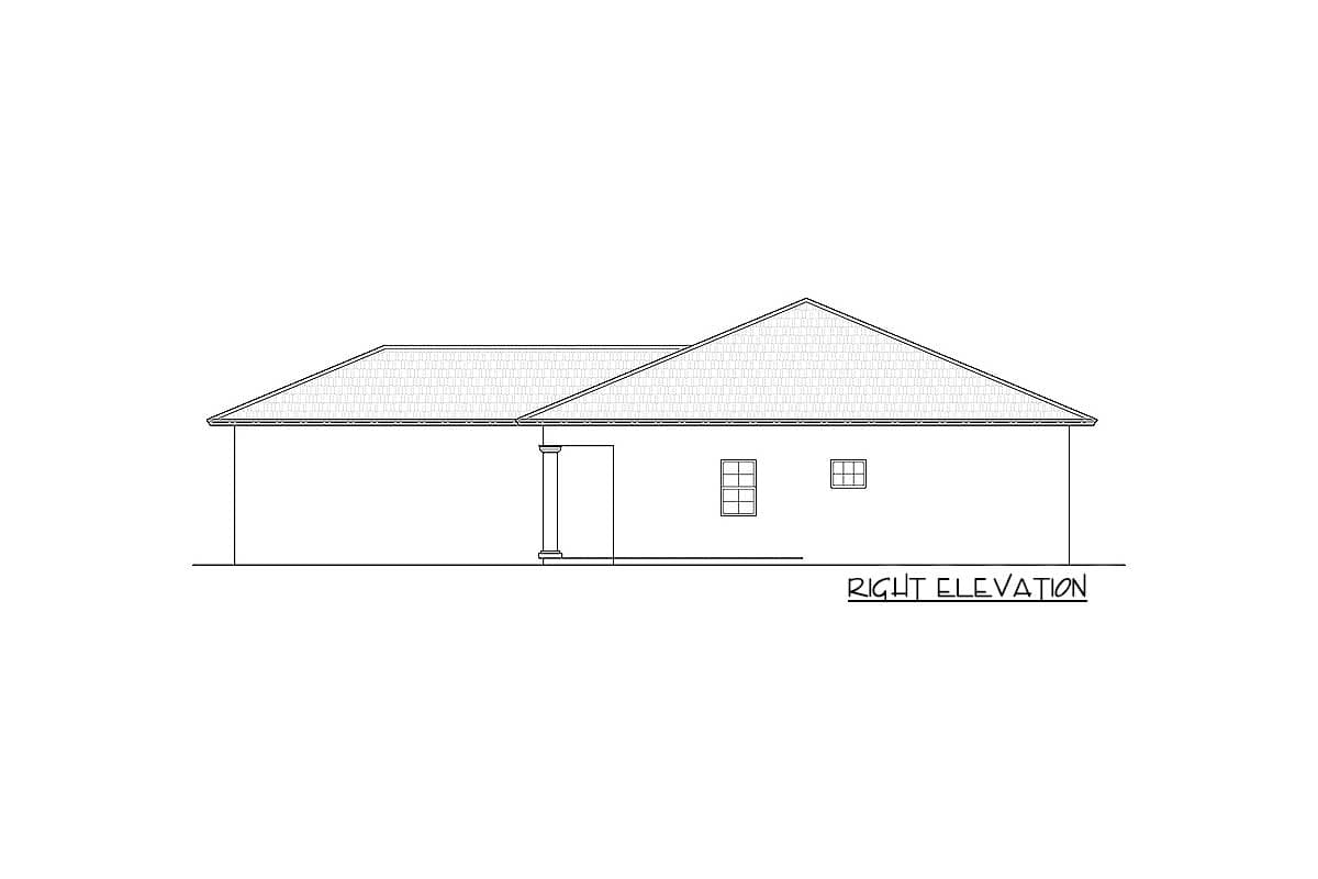 Right elevation drawing of a house plan showing a covered entrance with columns and two windows.