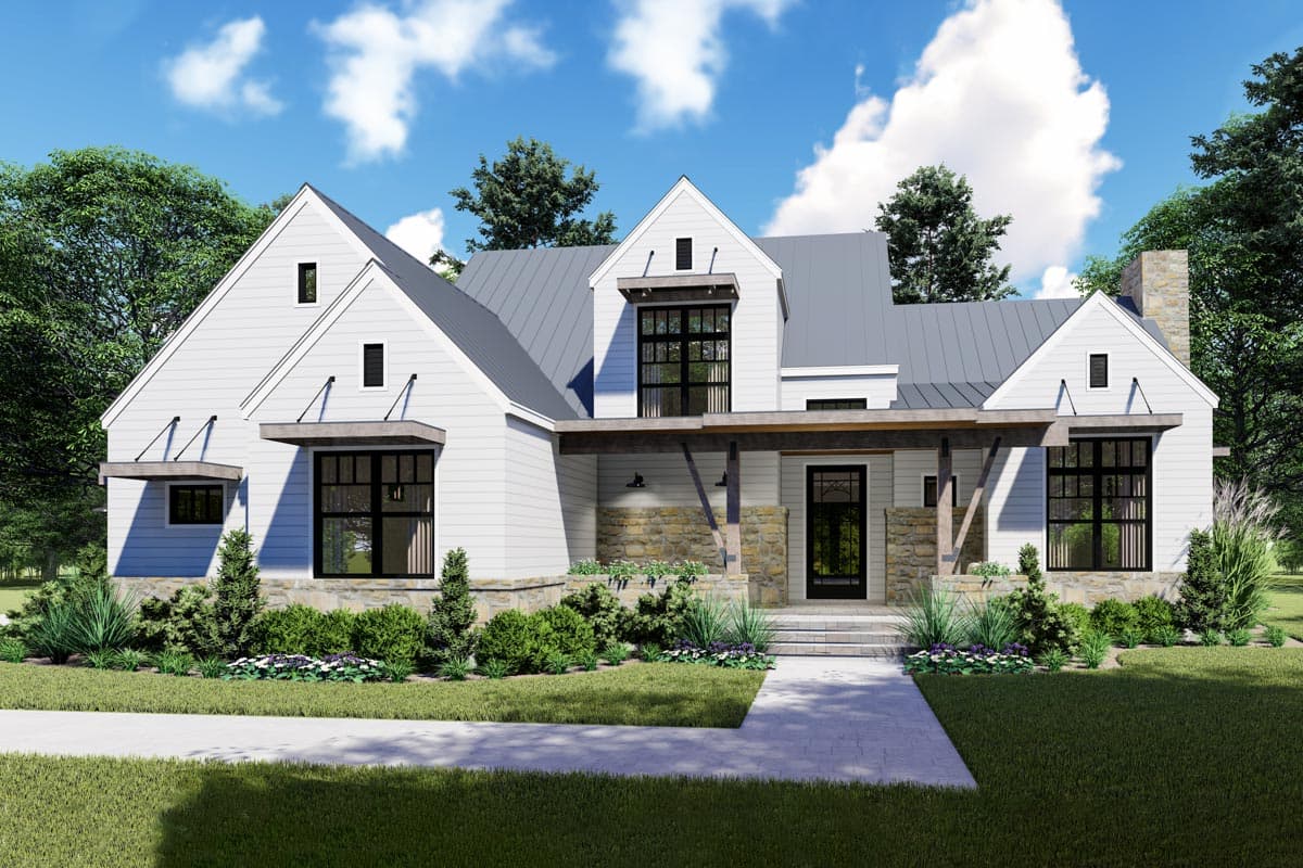 House plan exterior. Modern Farmhouse style with two stories, gabled roof, stone accents, and covered porch with exposed beams.