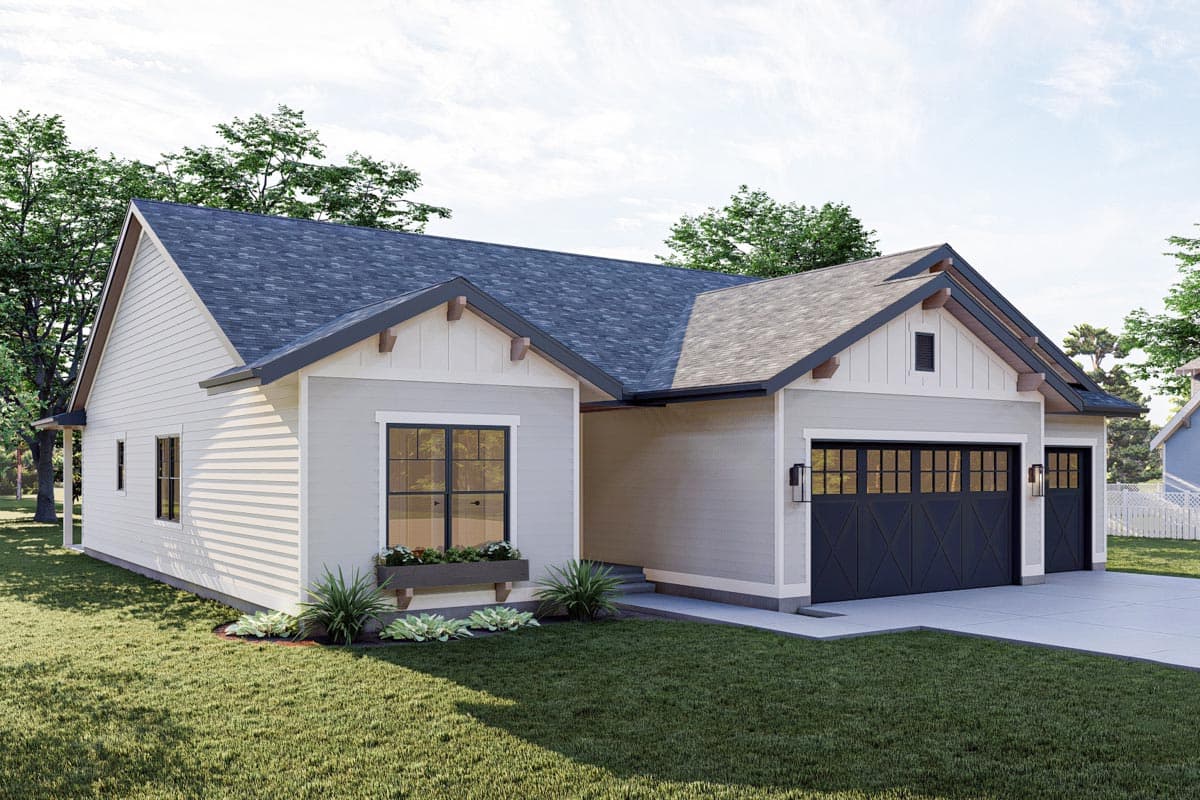 Modern Farmhouse house plan exterior, one story, with a side-entry garage, gabled rooflines and decorative wood beams.