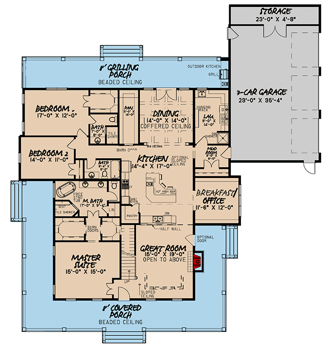 Plan 70608MK: Modern Farmhouse Plan with Wraparound Porch - 3474 Sq Ft - Floor Plan - Main Level - Country, Farmhouse, Modern Farmhouse, Southern, Traditional