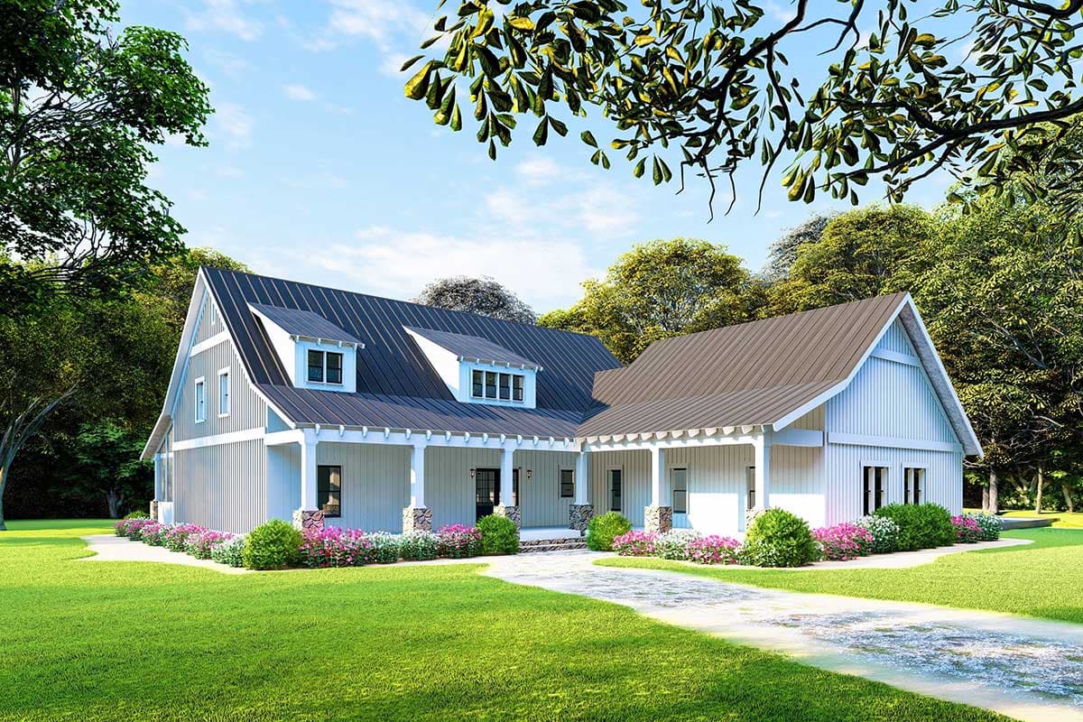 House plan exterior. Two-story Modern Farmhouse with gabled roof, dormers, and a covered porch supported by columns.