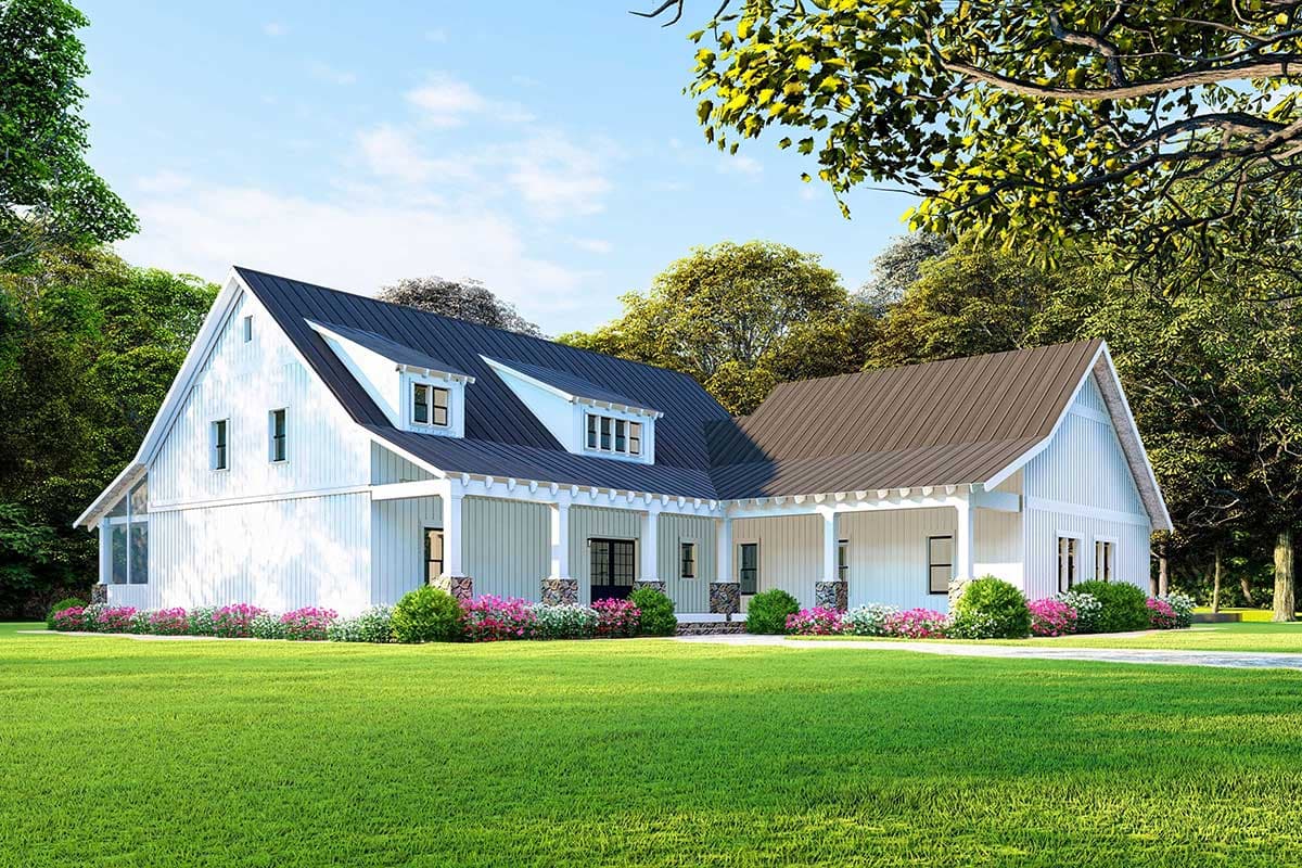 Modern Farmhouse house plan exterior with a wraparound porch, gables, dormers, and metal roof.