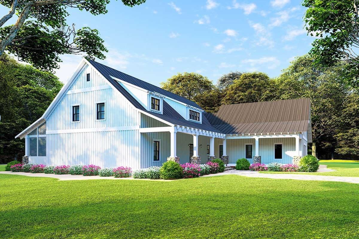 Modern Farmhouse house plan exterior, two stories, with board and batten siding, metal roof, and covered porches supported by stone columns.