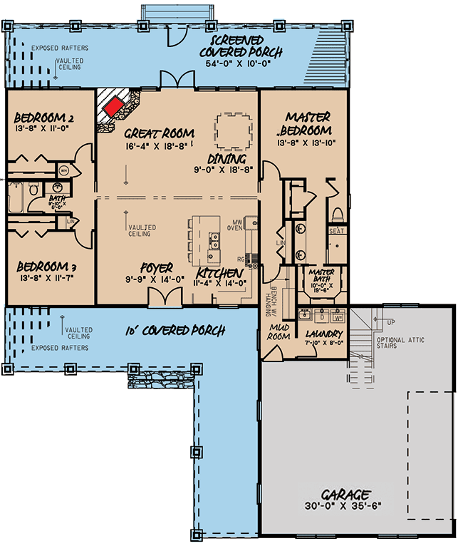 Plan 70609MK: Charming One-Story Country Farmhouse Plan with Vaulted Interior - 1982 Sq Ft - Floor Plan - Main Level - Country, Farmhouse, Modern Farmhouse, Southern, Traditional