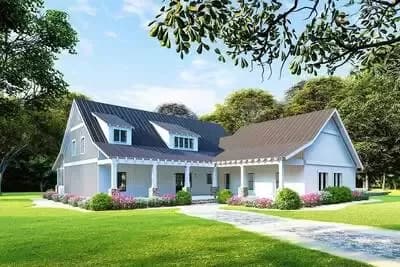 Charming One-Story Country Farmhouse Plan with Vaulted Interior - 1982 Sq Ft