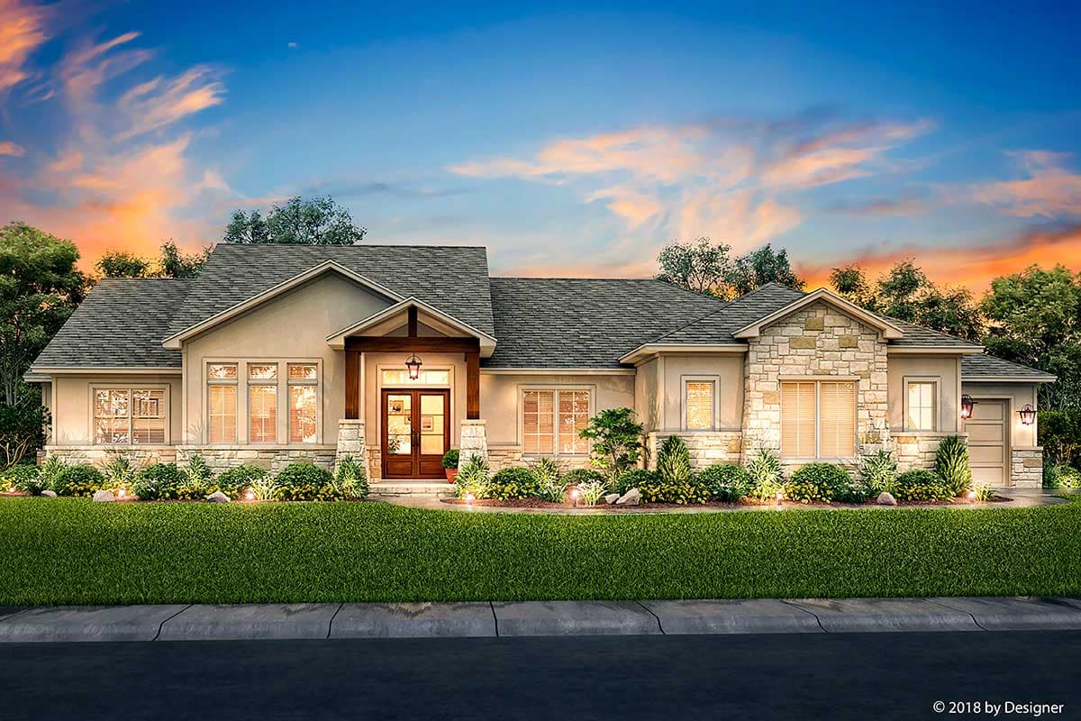 House plan exterior: Single-story home with covered entry, stone accents, multiple gables, and attached garage.