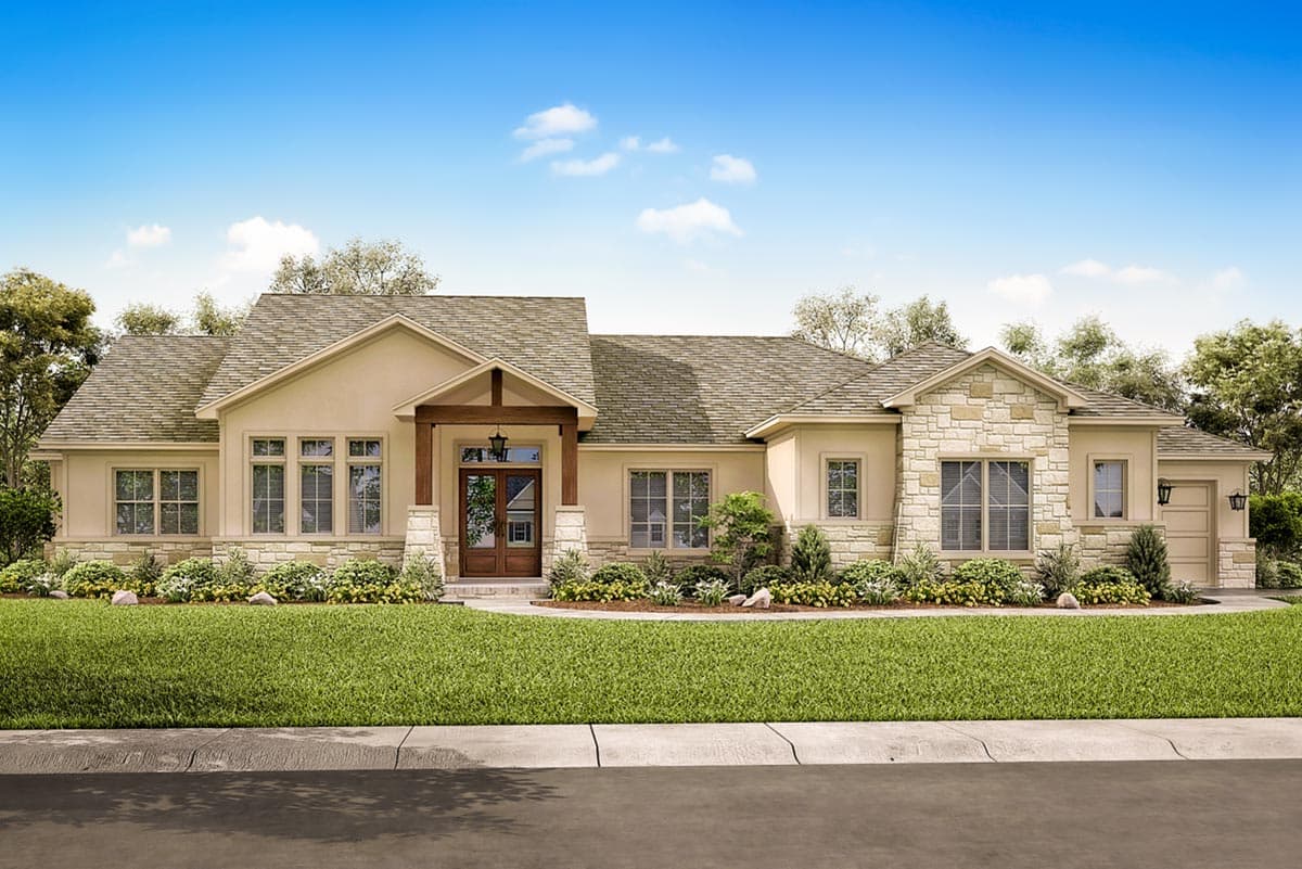 House plan exterior. Single-story home with stone accents, a covered porch, and a hipped roof. Features a two-car garage.