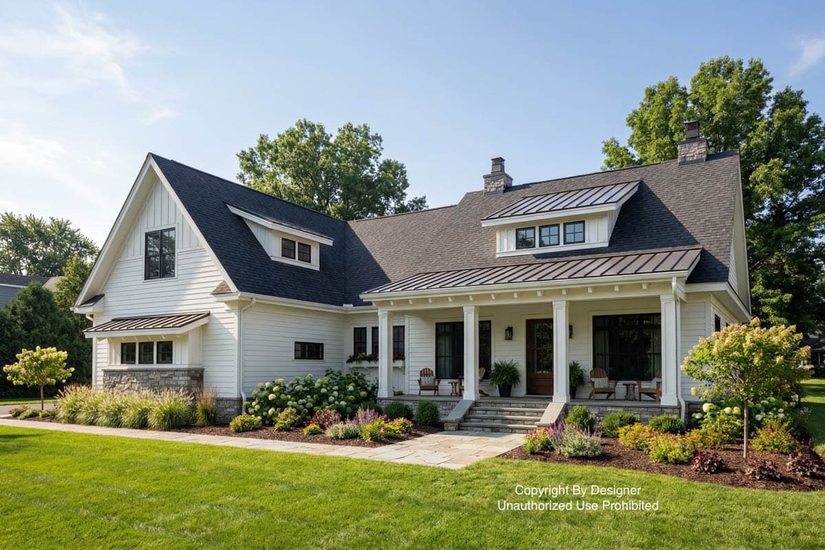 A white farmhouse with a large porch and black roof is framed by green grass, lush landscaping, and a blue sky.