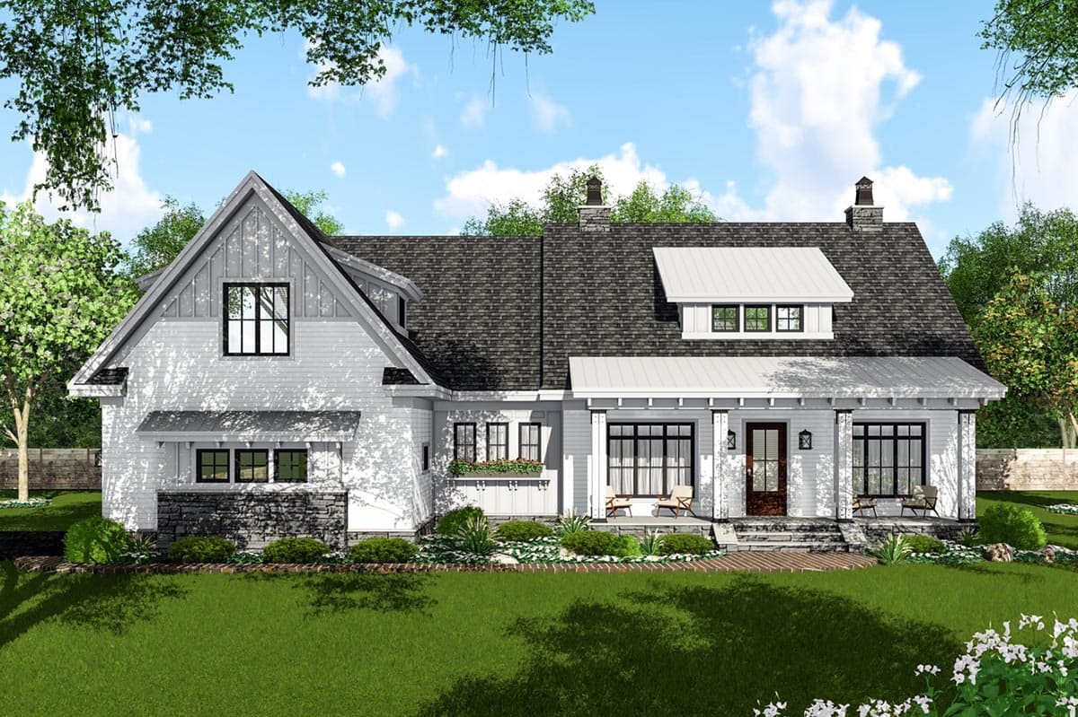 House plan exterior: Modern Farmhouse style, two stories, featuring gables, stone base, dormers, and a covered porch with pillars.