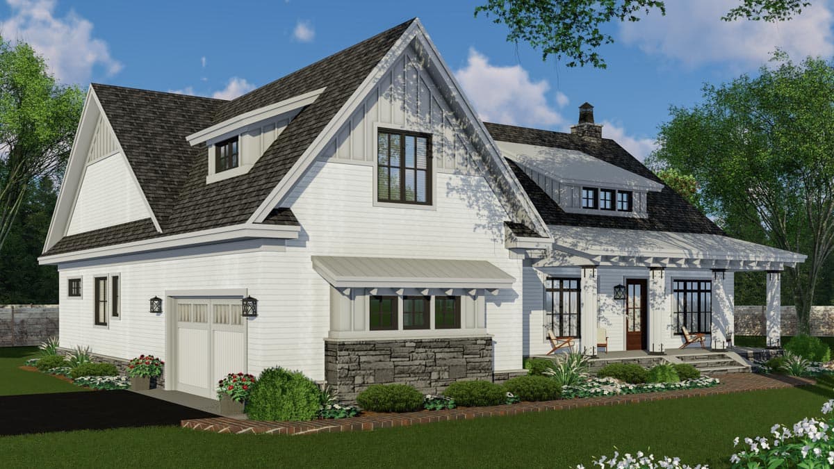House plan exterior: Modern Farmhouse style, two stories, featuring a deep front porch, stone base, gabled dormers, and a side-facing garage.